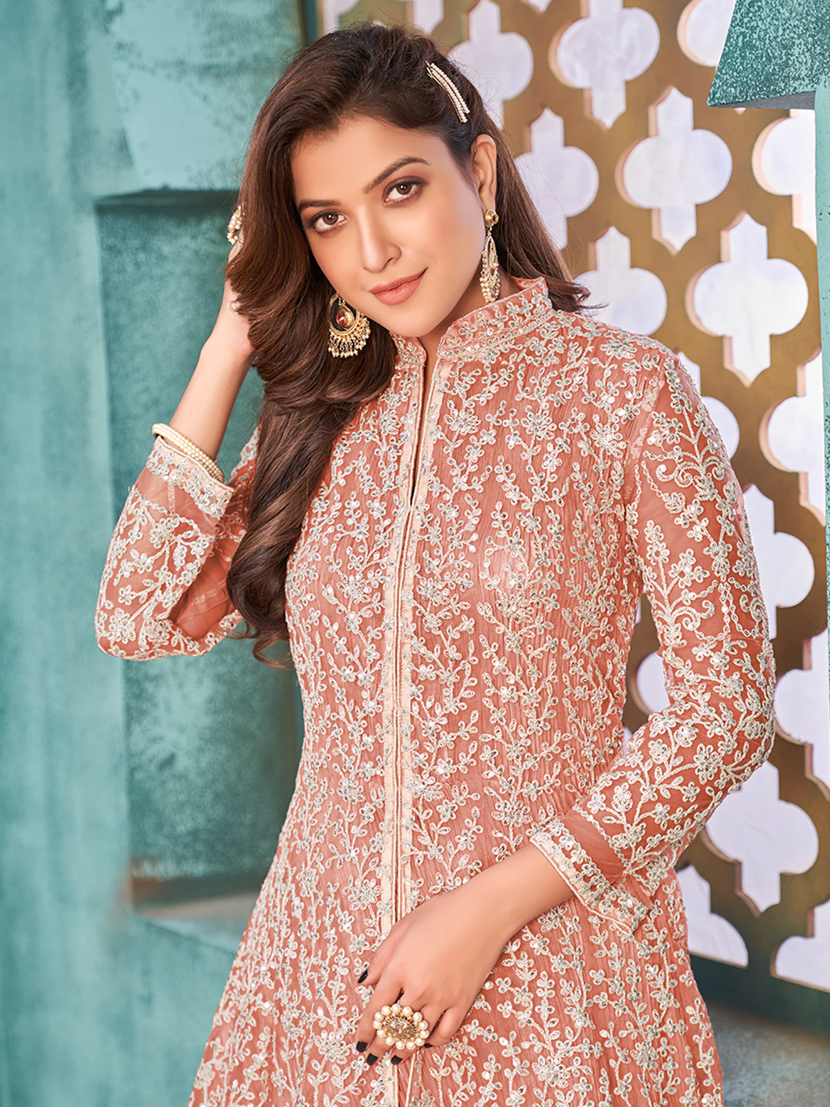 Odette Peach Net  Embroidered Semi stitched Kurta Set with Inner For Women - Image 4