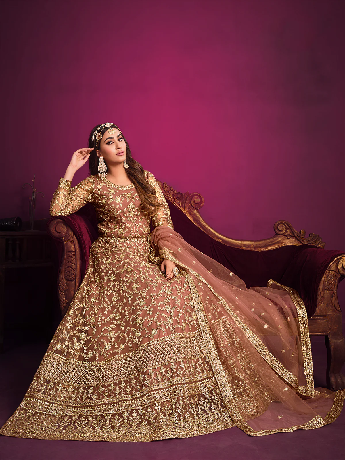 Odette Peach Net Embroidered Semi stitched Kurta Set With Inner For Women - Image 2