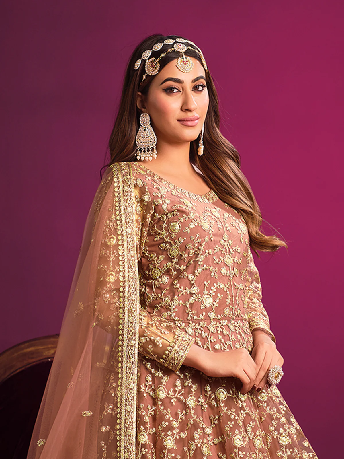 Odette Peach Net Embroidered Semi stitched Kurta Set With Inner For Women - Image 4