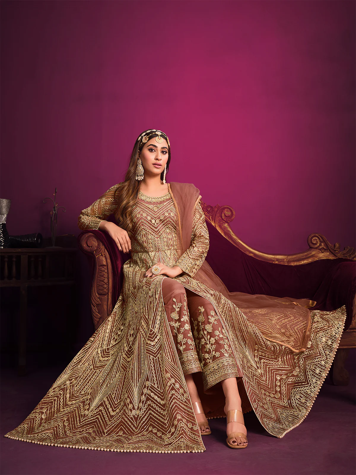 Odette Peach Net  Embroidered Semi stitched Kurta Set With Inner For Women - Image 2