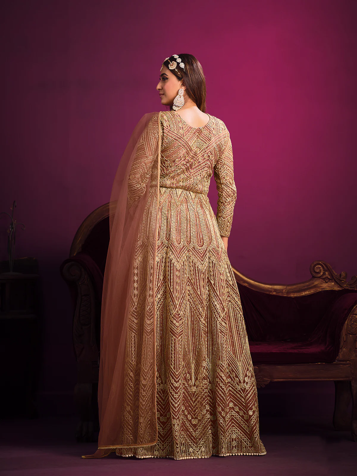 Odette Peach Net  Embroidered Semi stitched Kurta Set With Inner For Women - Image 3