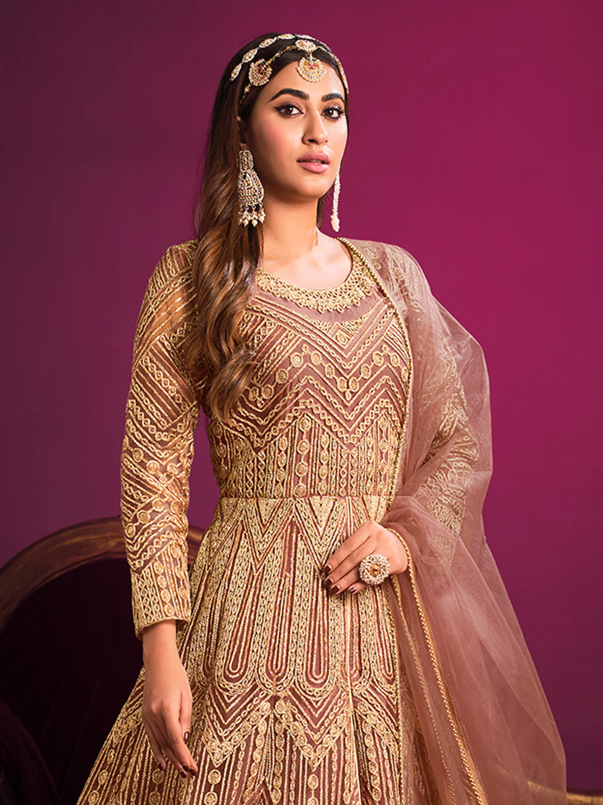 Odette Peach Net  Embroidered Semi stitched Kurta Set With Inner For Women - Image 4