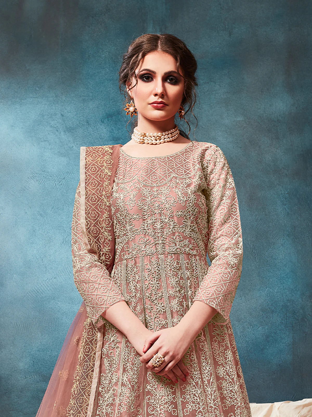 Odette Peach Net Embroidered Semi stitched Kurta Set with Inner For Women - Image 2
