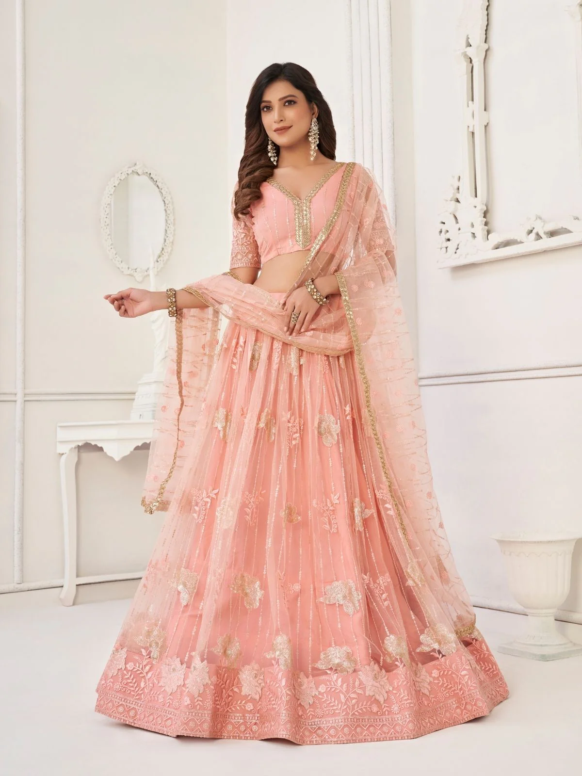 Odette Peach Net Embroidered Semi Stitched Lehenga For Women - Image 2