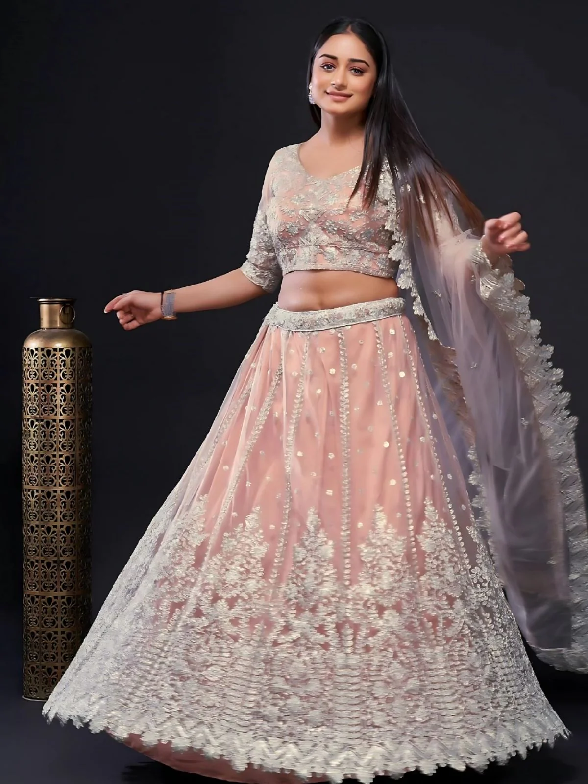 Odette Peach Net Embroidered Semi-Stitched Lehenga For Women