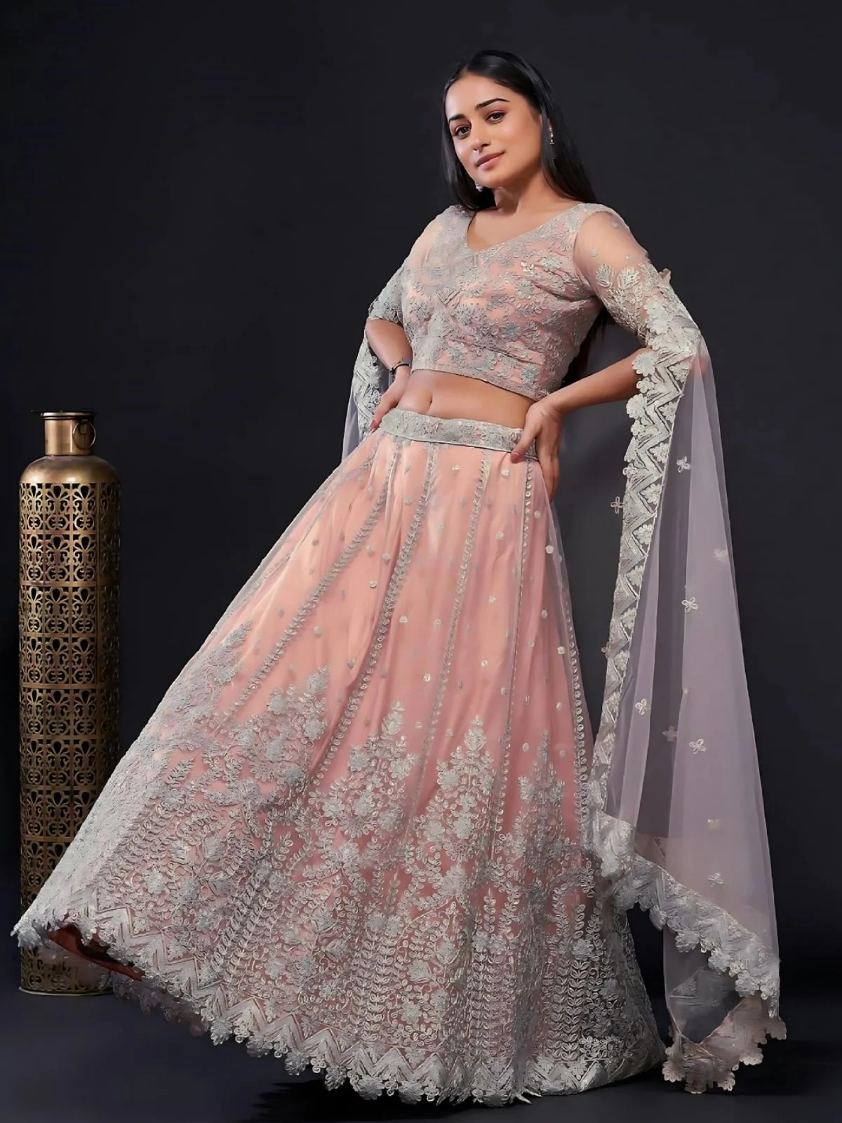 Odette Peach Net Embroidered Semi-Stitched Lehenga For Women - Image 2