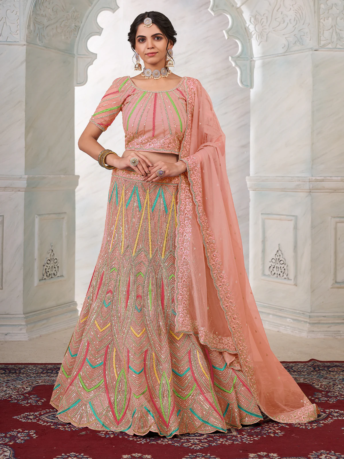 Odette Peach Net Embroidered Semi Stitched Lehenga With Unstitched Blouse for Women