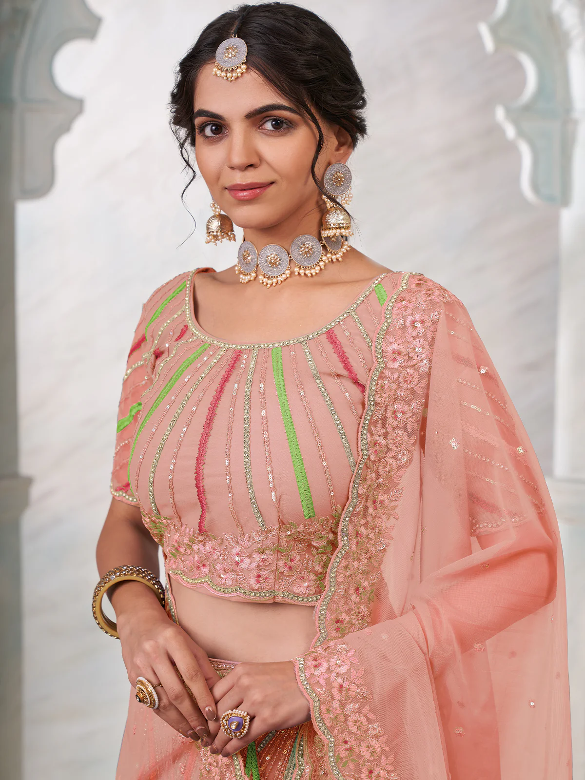 Odette Peach Net Embroidered Semi Stitched Lehenga With Unstitched Blouse for Women - Image 4