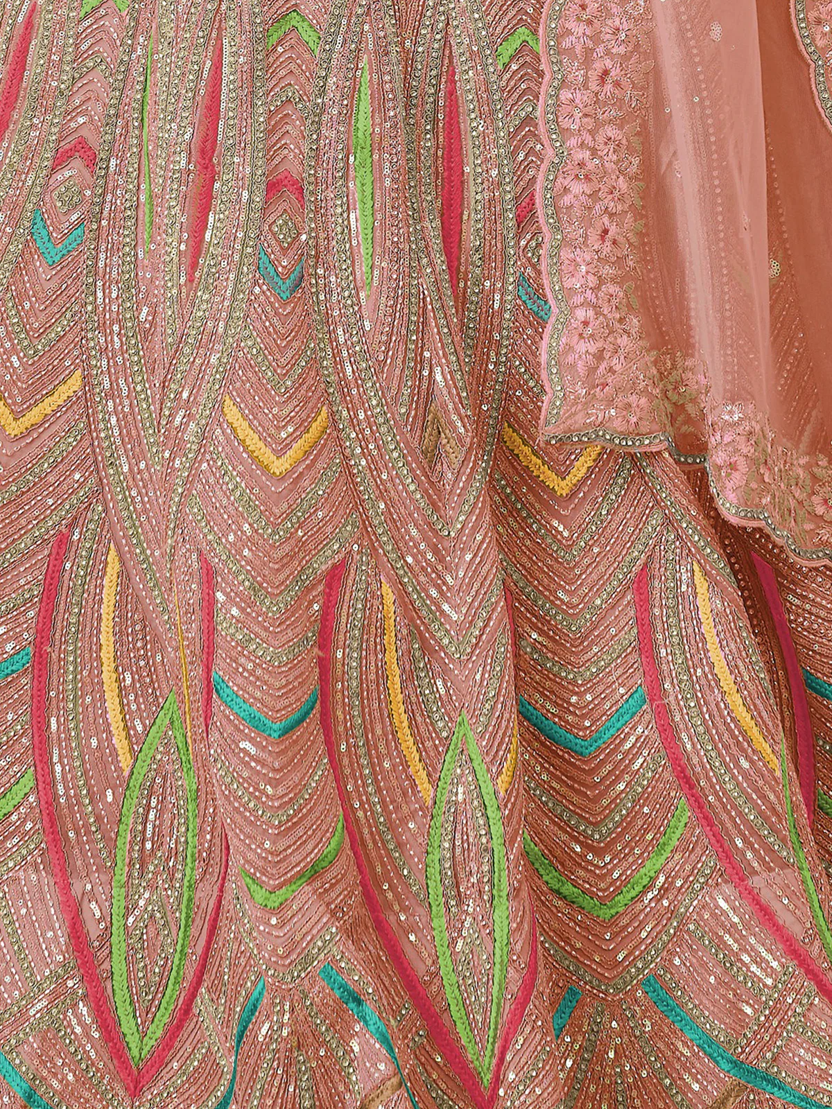 Odette Peach Net Embroidered Semi Stitched Lehenga With Unstitched Blouse for Women - Image 5