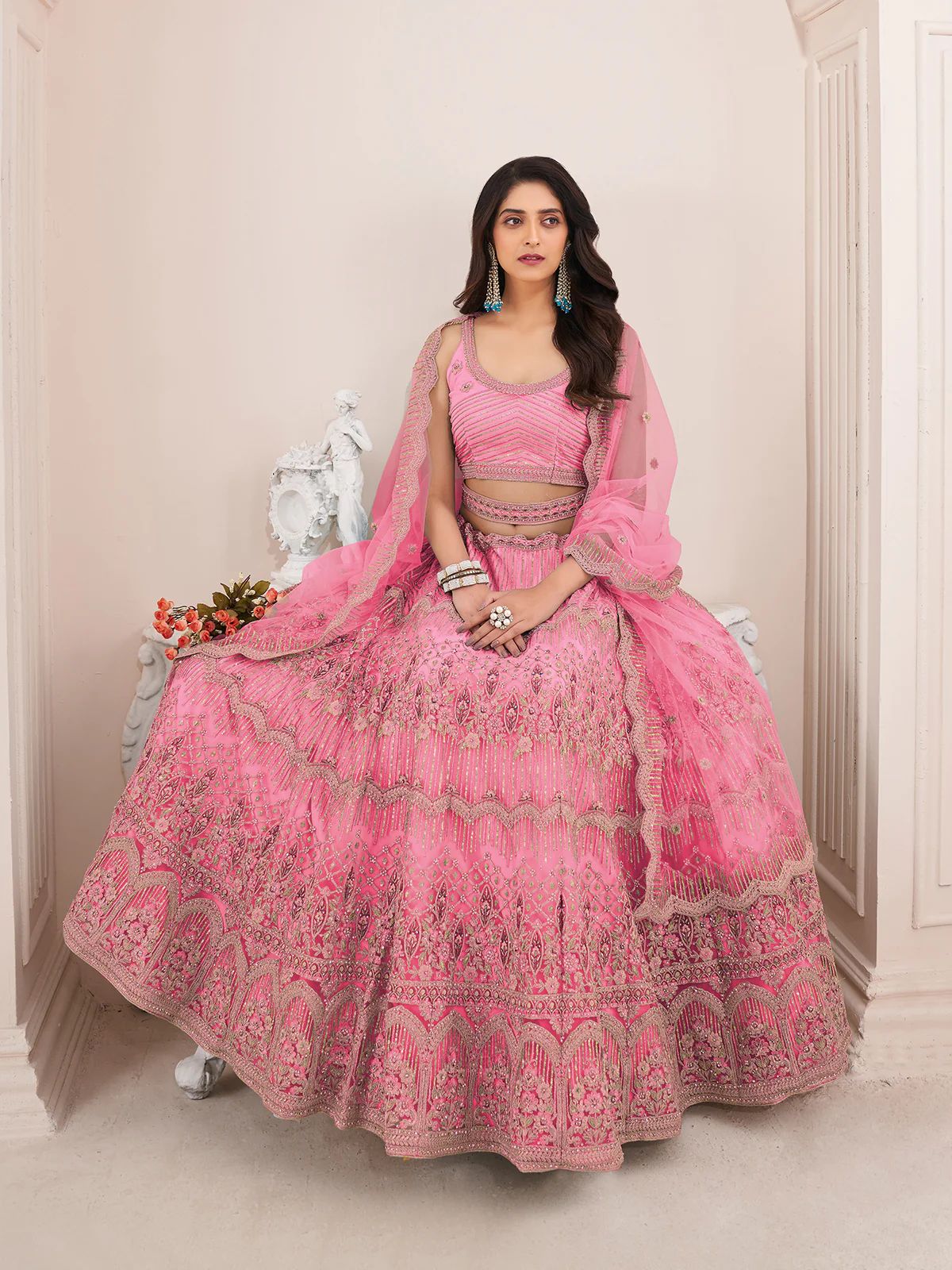 Odette Pink Net Embroidered Semi Stitched Lehenga With Unstitched Blouse for Women - Image 2