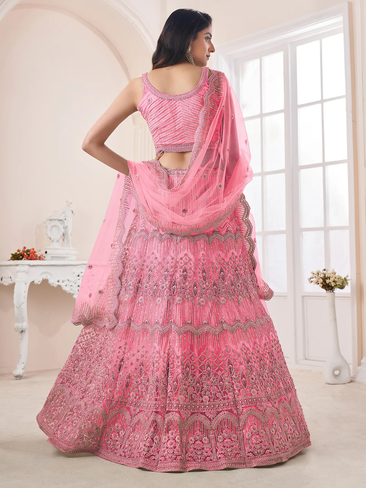 Odette Pink Net Embroidered Semi Stitched Lehenga With Unstitched Blouse for Women - Image 3