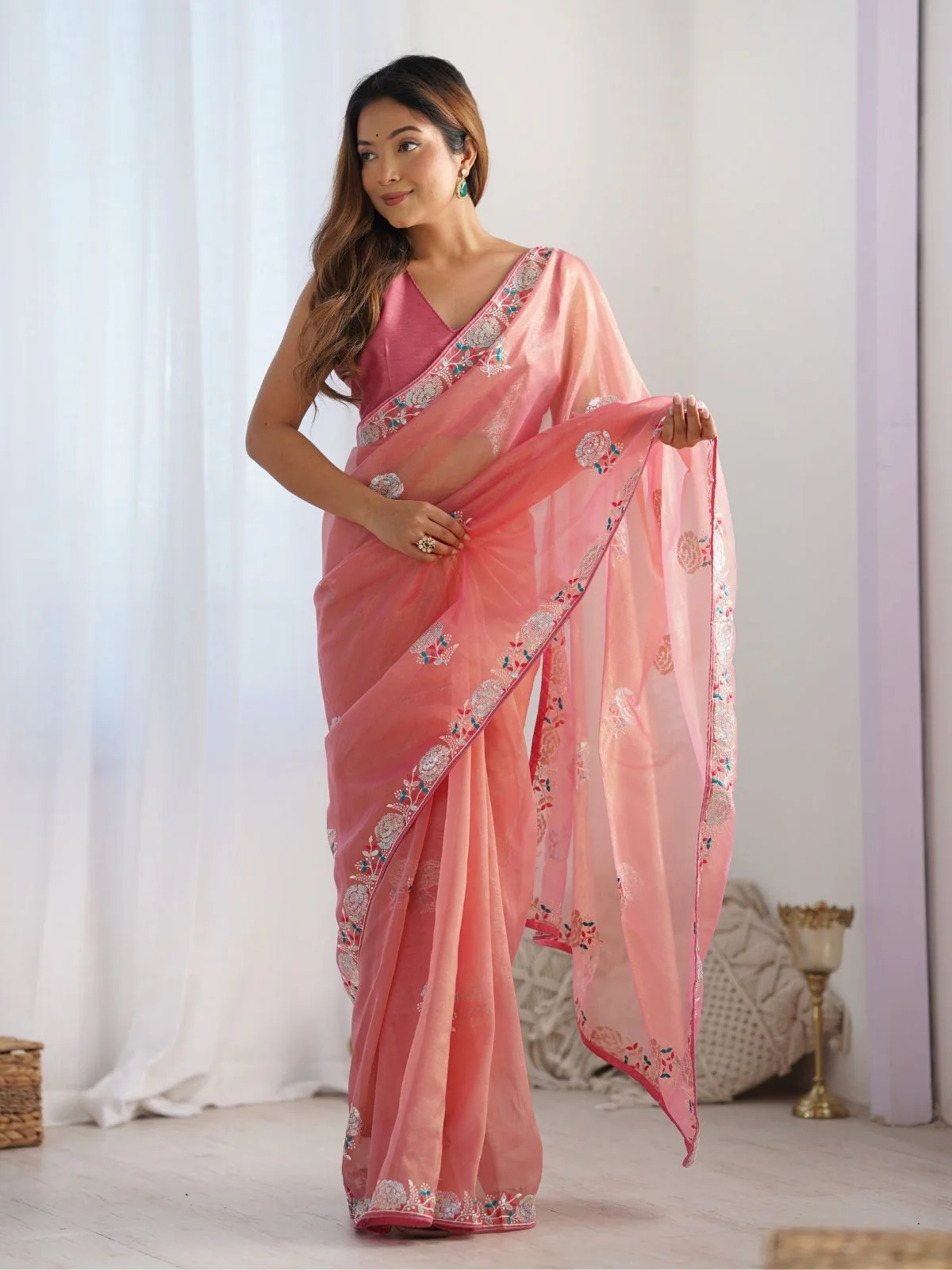 Odette Peach Net Sequins Embroidered Saree With Unstitched Blouse For Women - Image 2