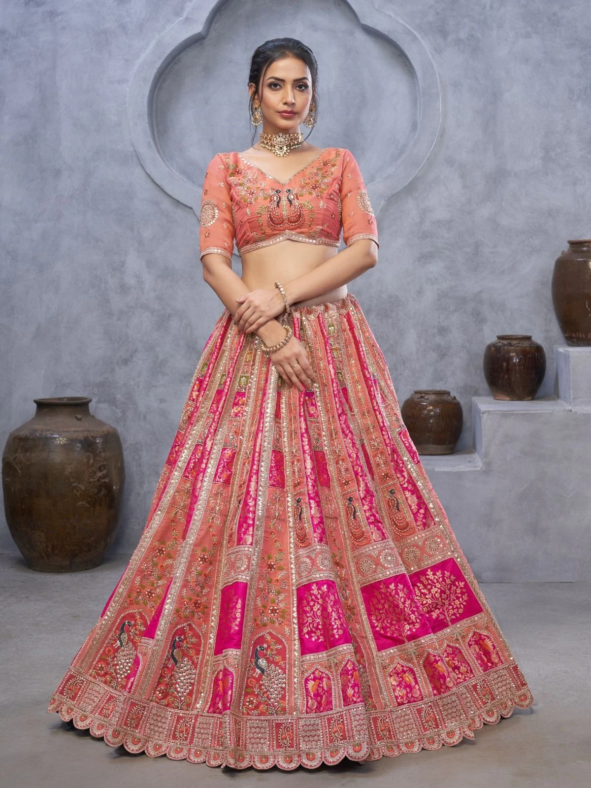 Odette Peach Organza Embellished Semi-Stitched Lehenga With Unstitched Blouse For Women - Image 2