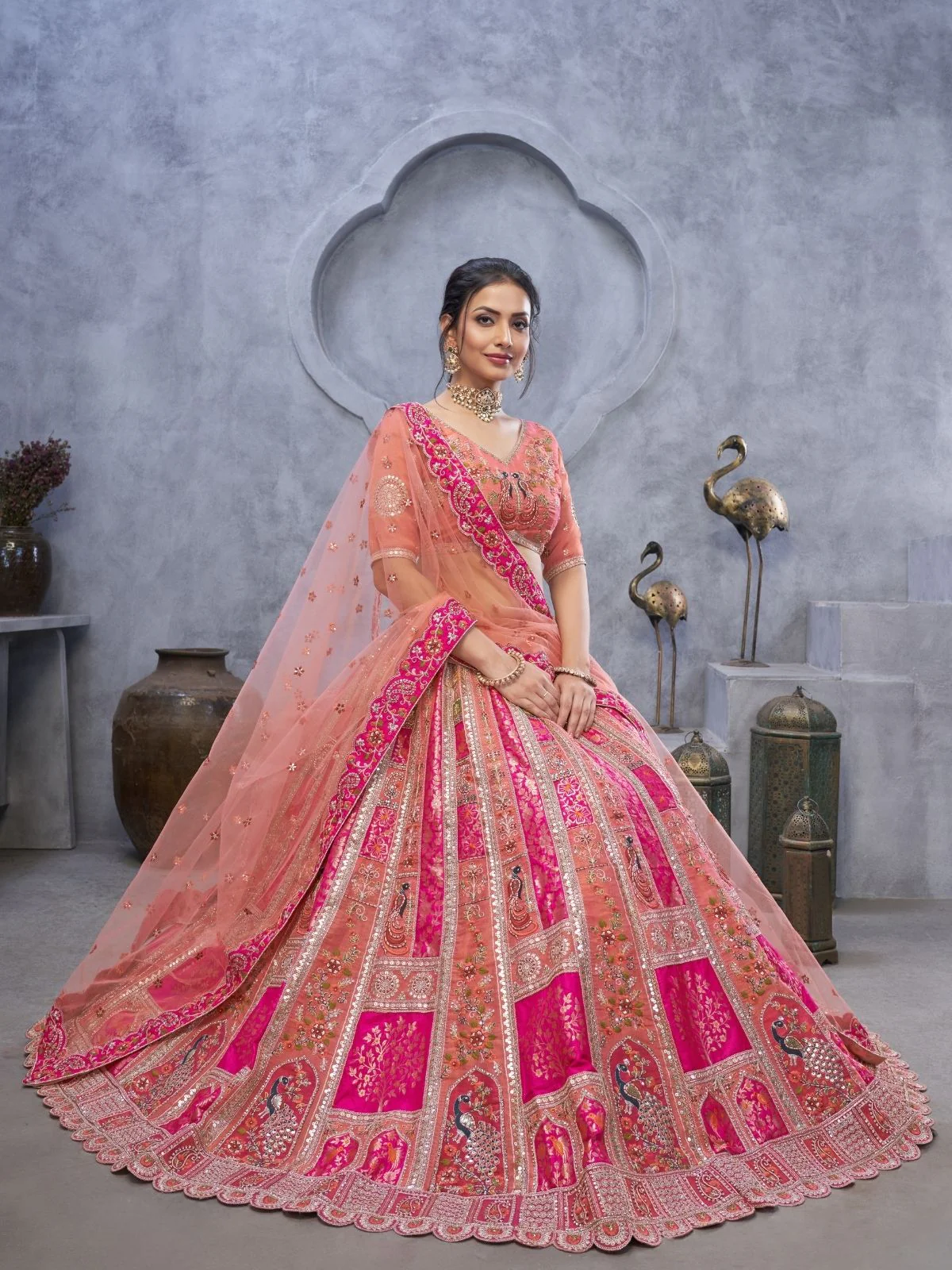Odette Peach Organza Embellished Semi-Stitched Lehenga With Unstitched Blouse For Women - Image 3