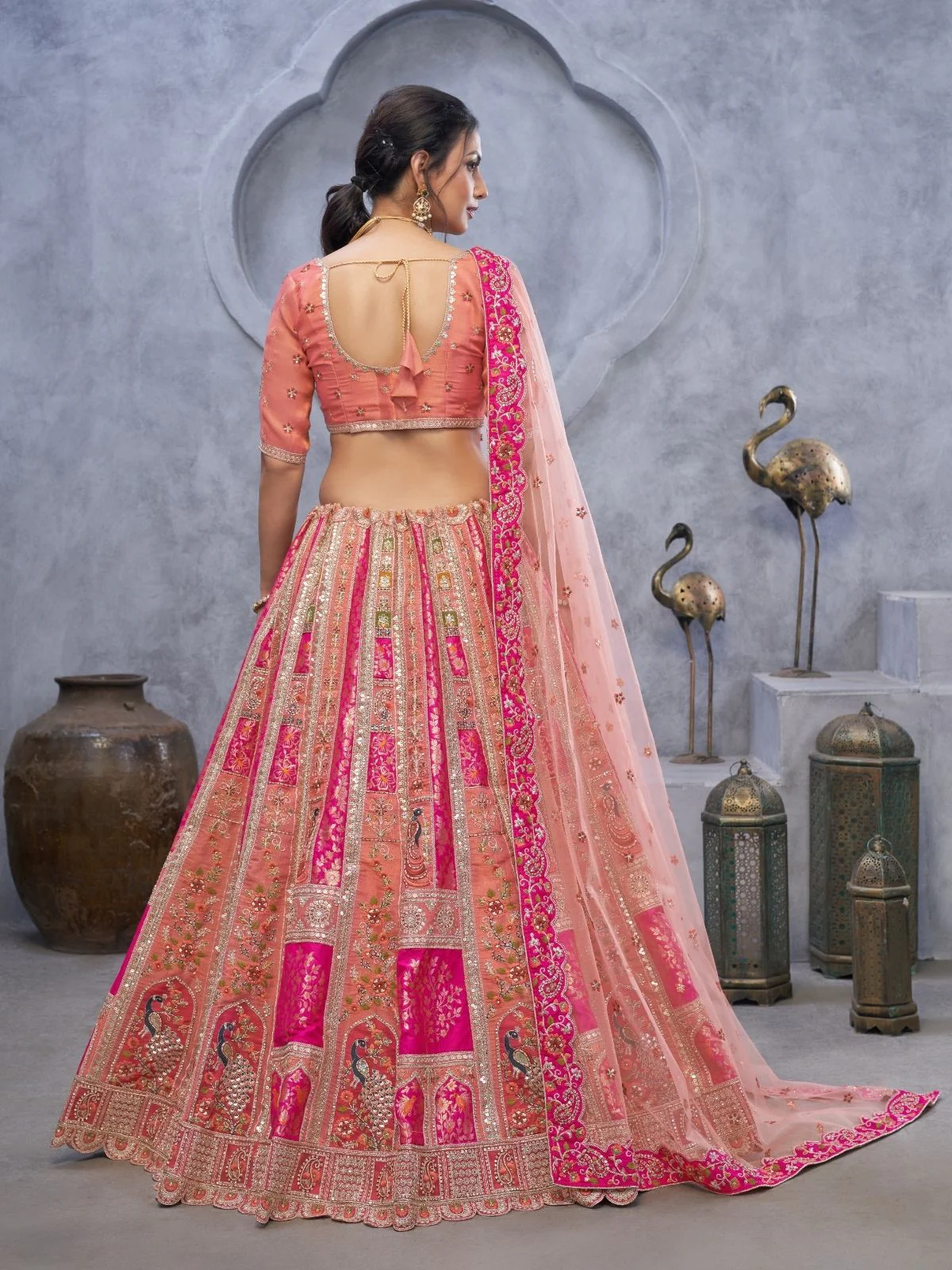 Odette Peach Organza Embellished Semi-Stitched Lehenga With Unstitched Blouse For Women - Image 5