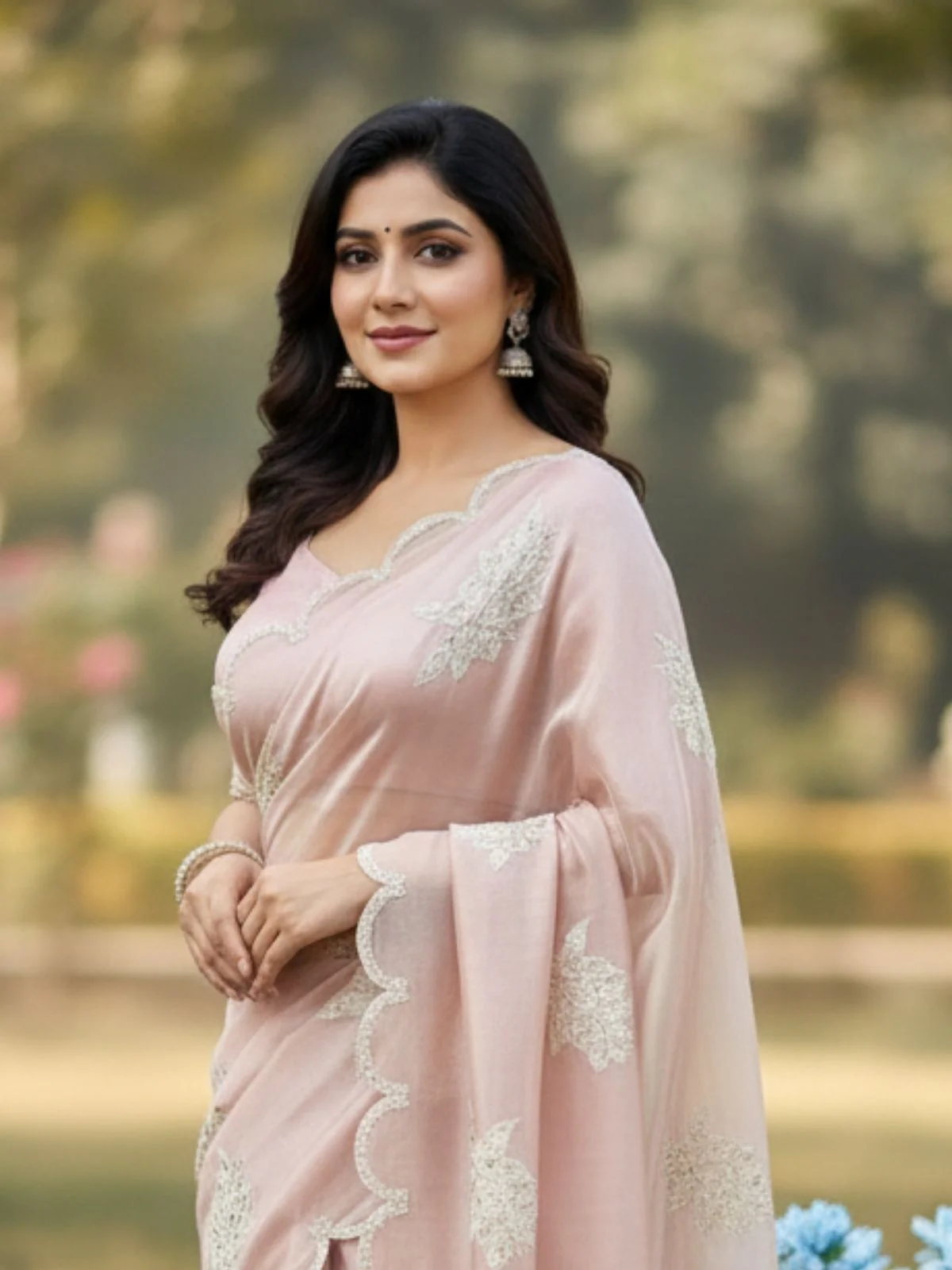 Odette Peach Organza Embroidered And Cutwork Solid Saree For Women - Image 3