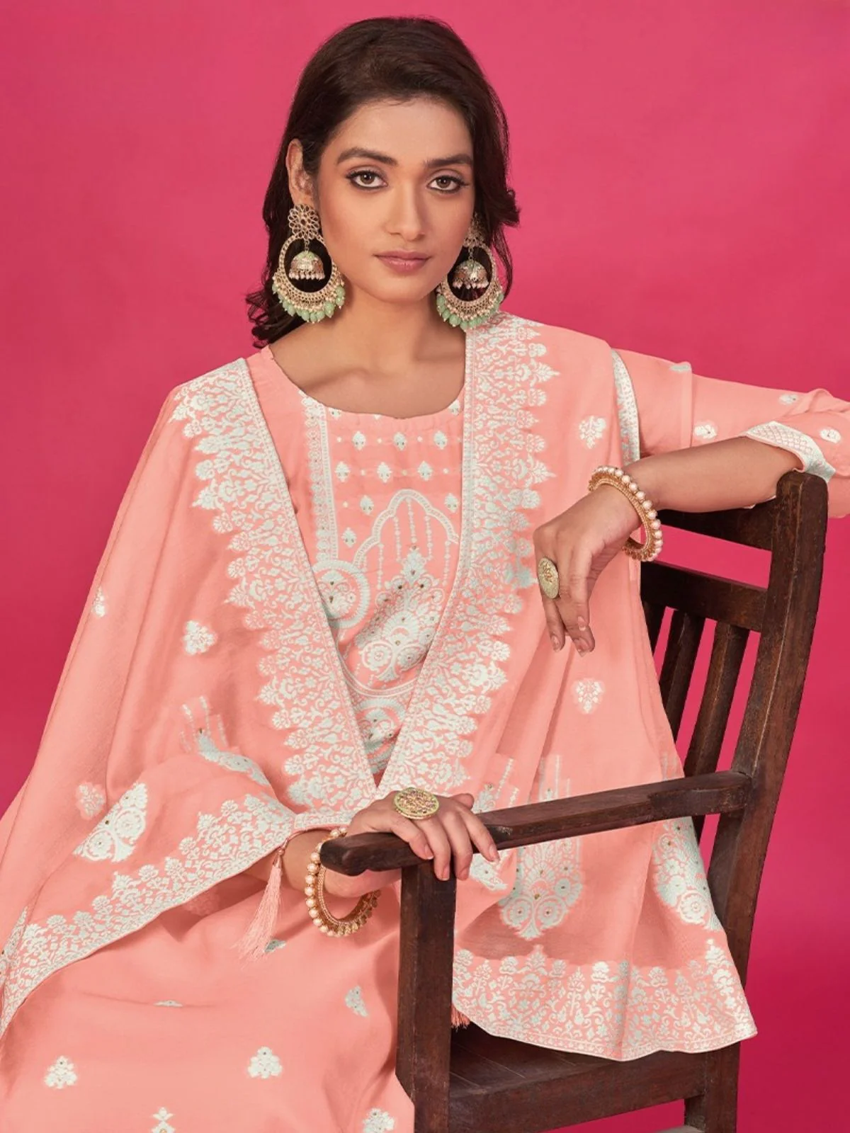 Odette Peach Organza Embroidered Semi-Stitched Kurta Set For Women - Image 2