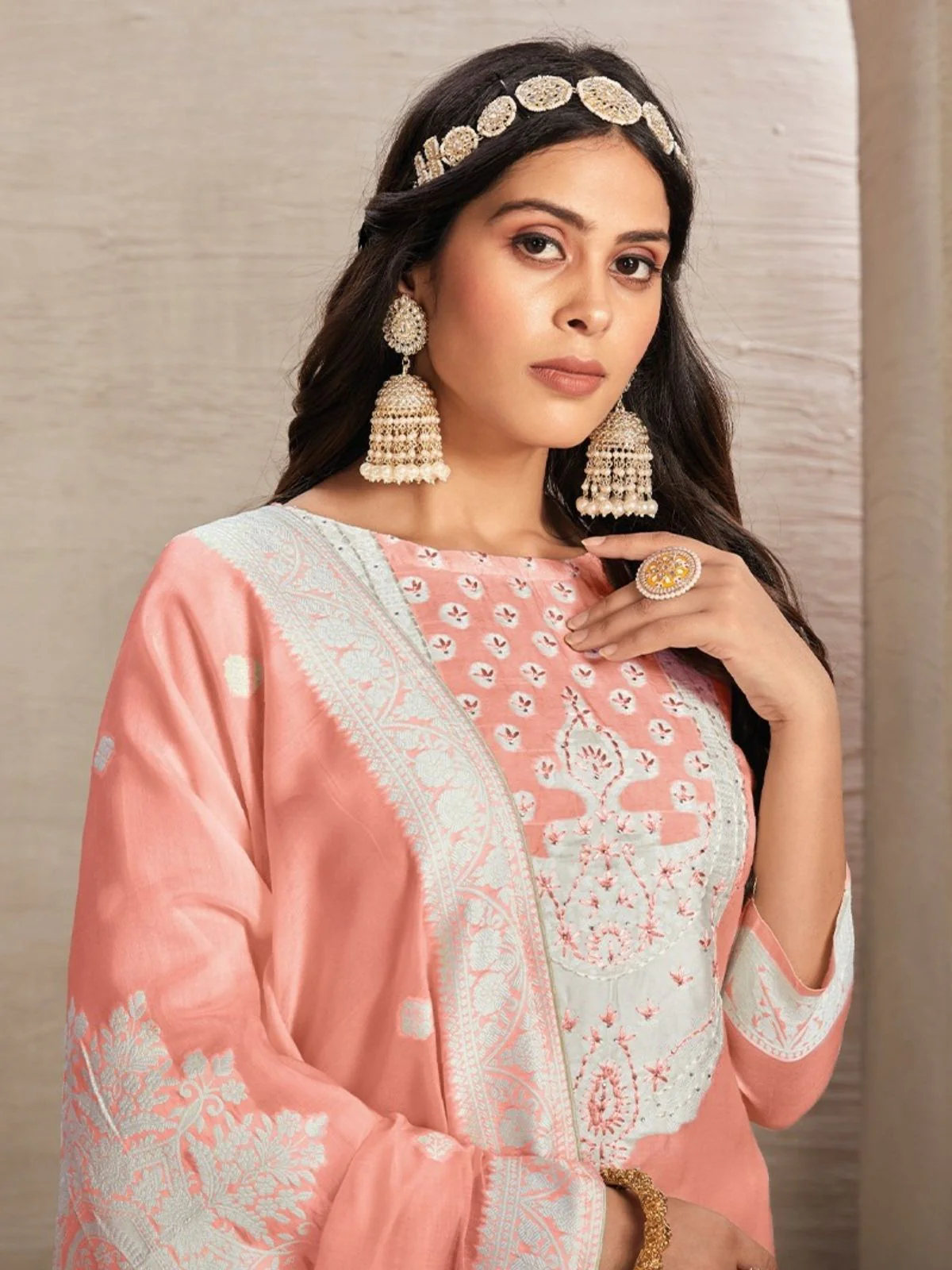 Odette Peach Organza Embroidered Semi-Stitched Kurta Set For Women - Image 2