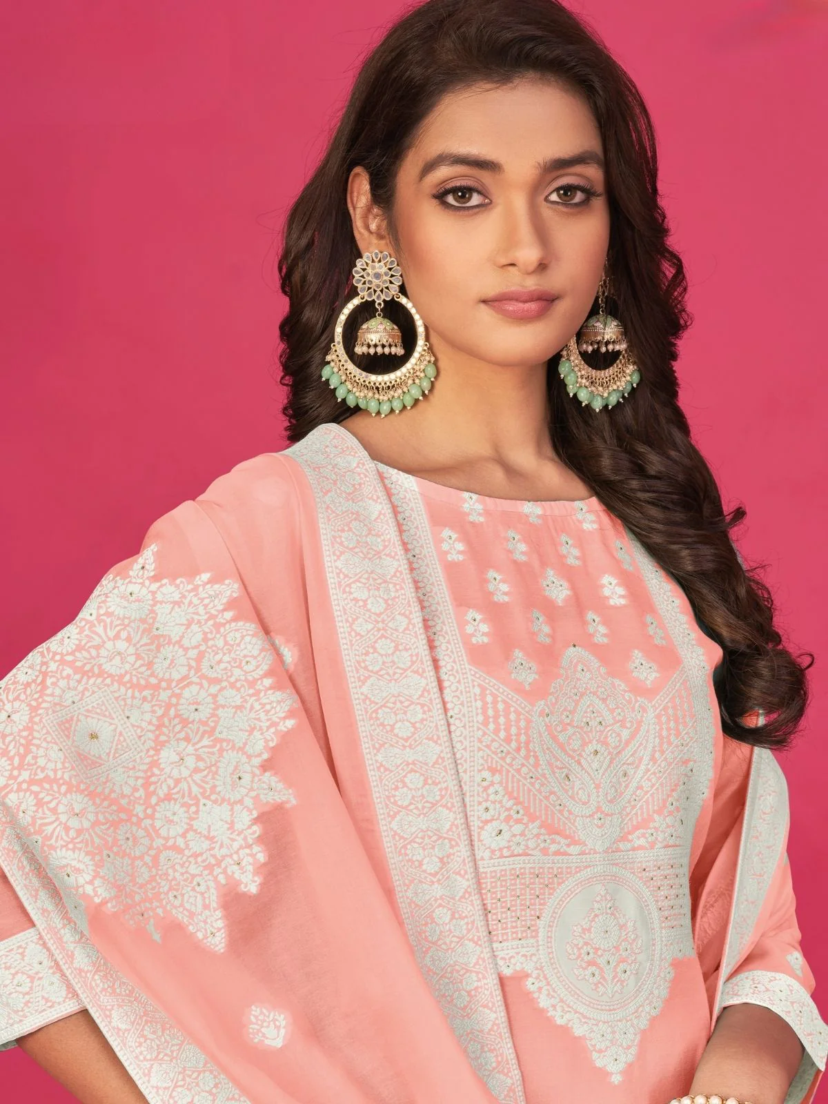 Odette Peach Organza Embroidered Semi-Stitched Kurta Set For Women - Image 2