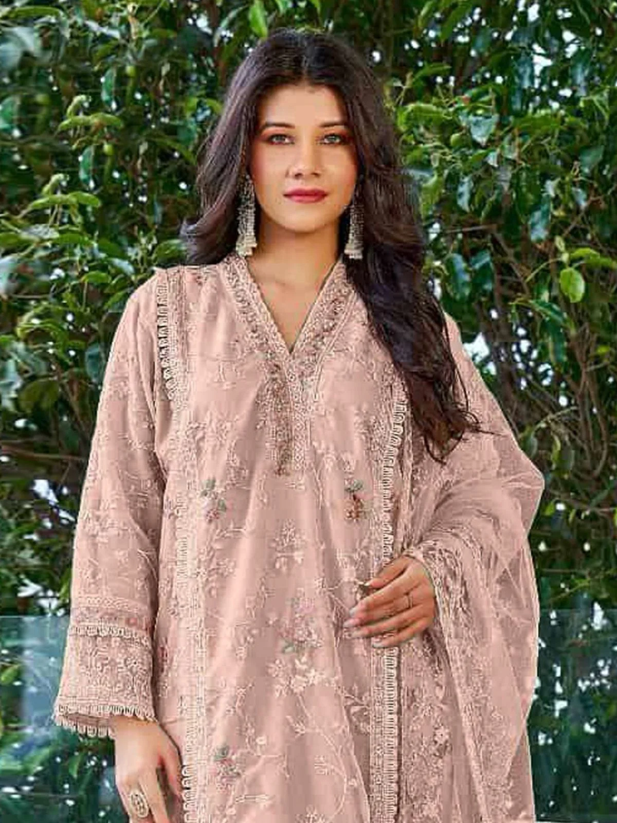 Odette Peach Organza Embroidered Semi Stitched Kurta Set For Women - Image 2