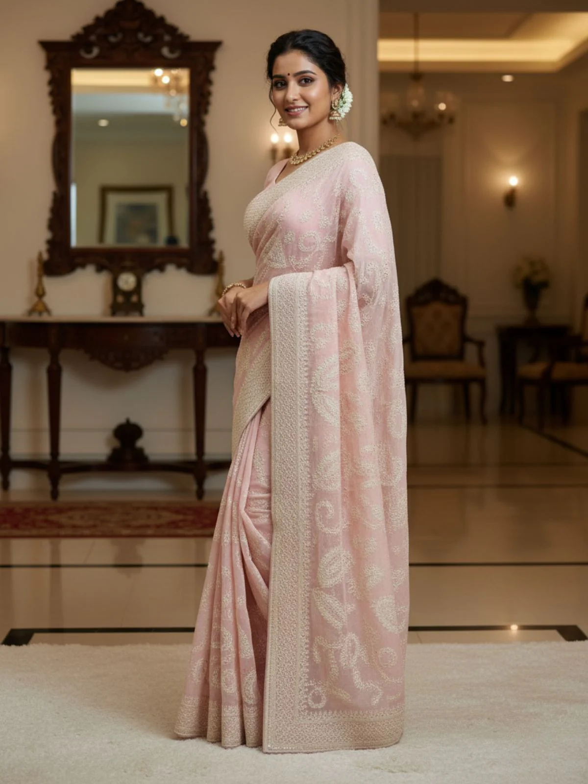 Odette Peach Organza Embroidered Solid Saree For Women - Image 2