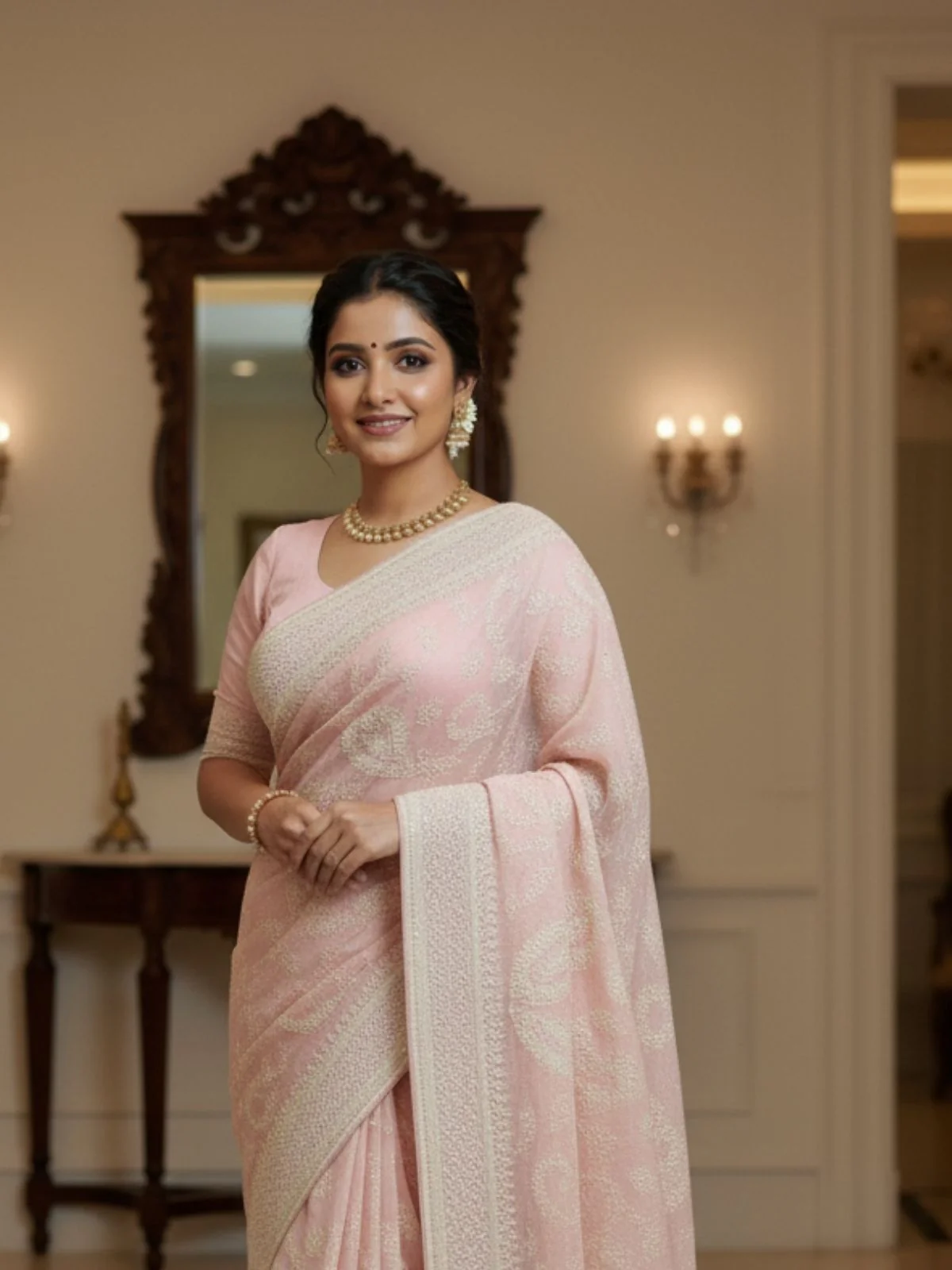Odette Peach Organza Embroidered Solid Saree For Women - Image 3