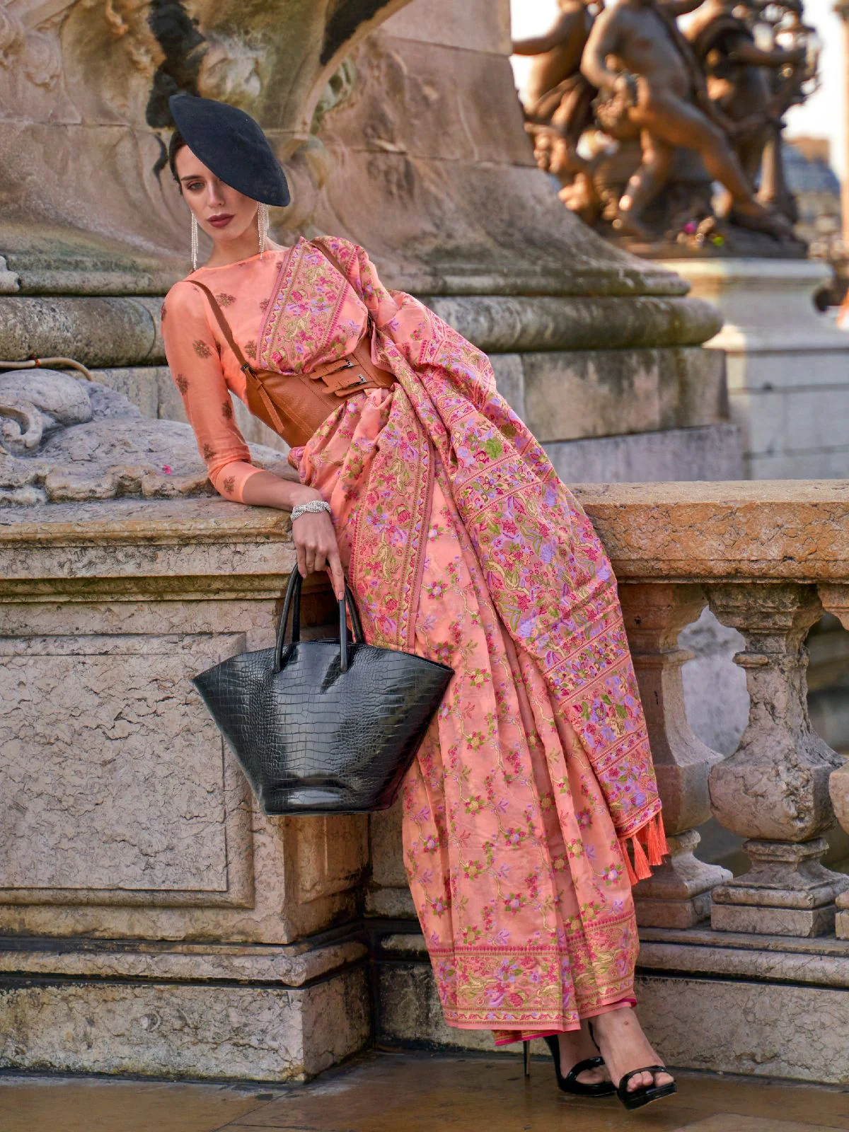 Odette Peach Organza Woven Saree With Unstitched Blouse For Women - Image 2