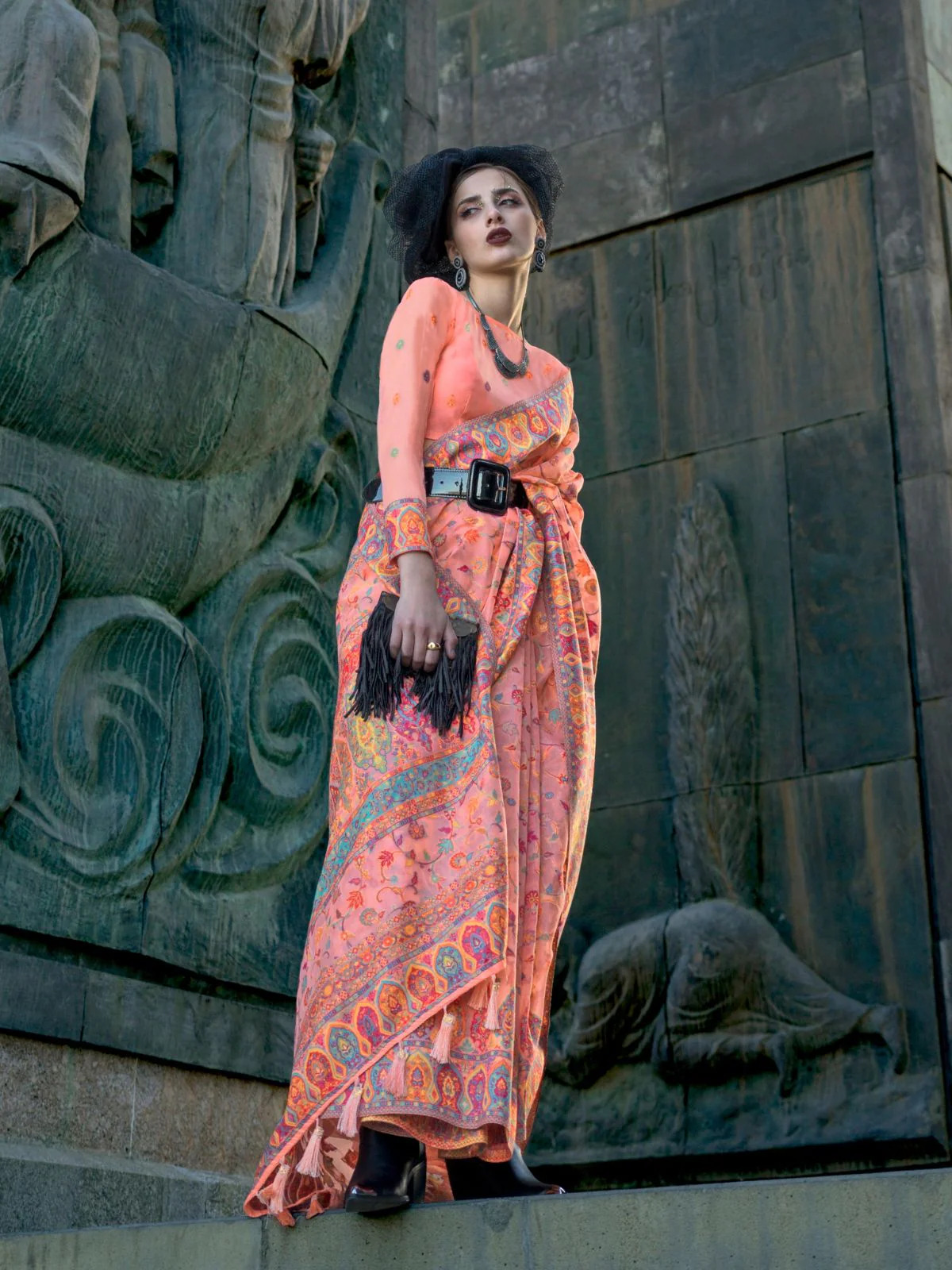 Odette Peach Organza Woven Saree With Unstitched Blouse For Women - Image 2