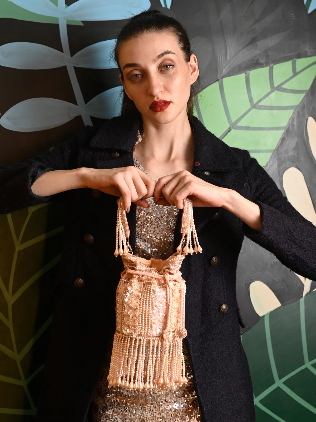Odette Peach Pearl Embroidered Potli Bag For Women - Image 2