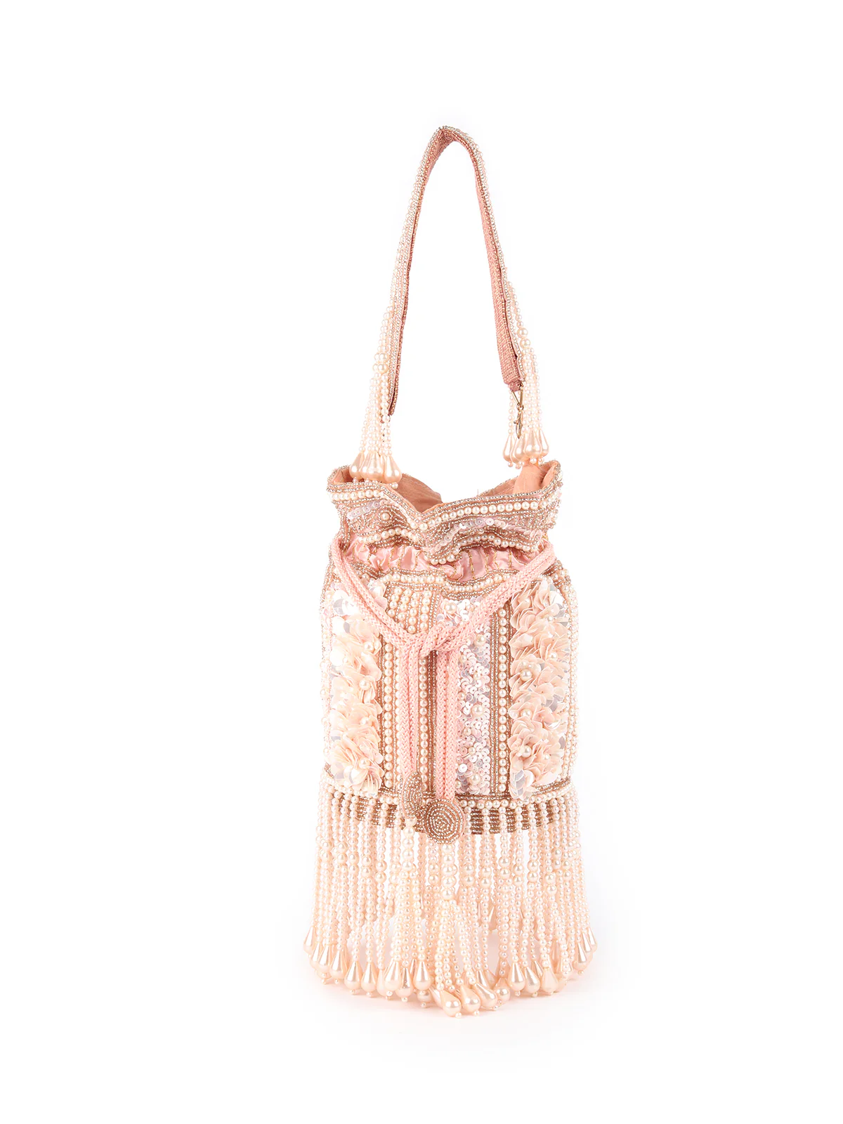 Odette Peach Pearl Embroidered Potli Bag For Women - Image 3