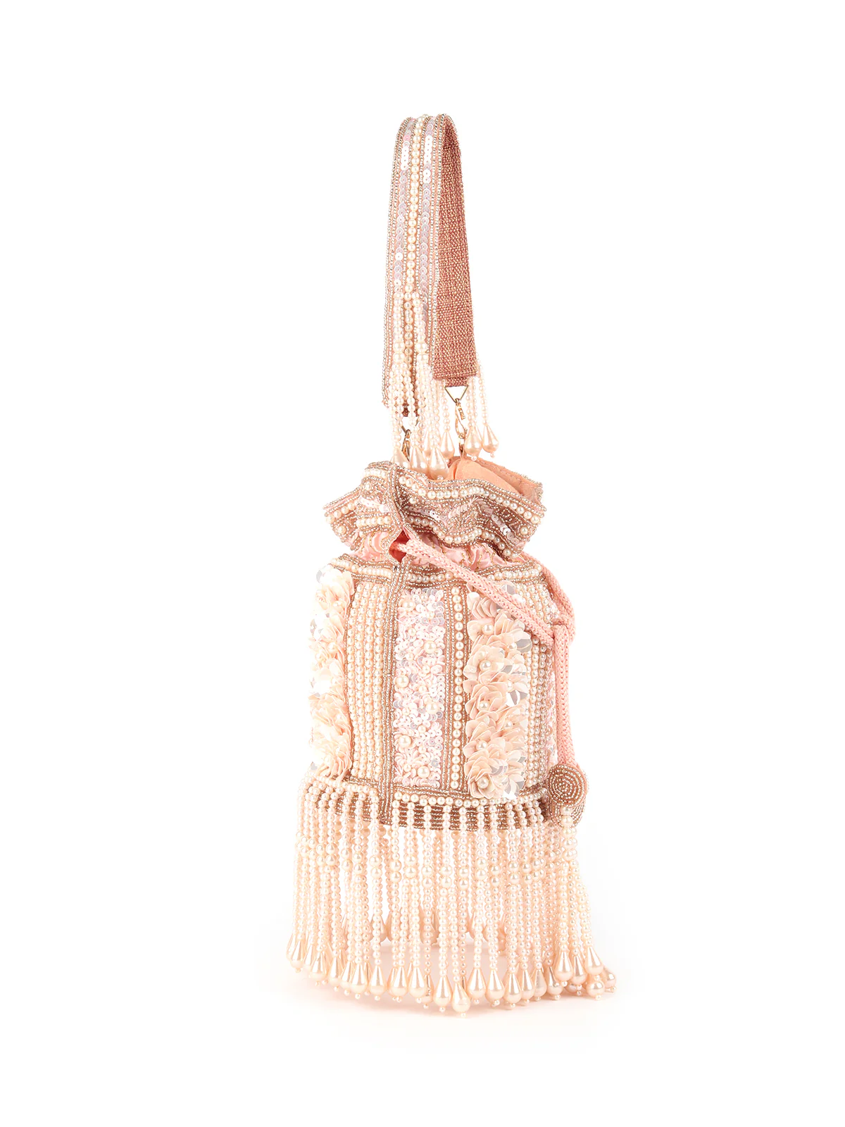 Odette Peach Pearl Embroidered Potli Bag For Women - Image 4
