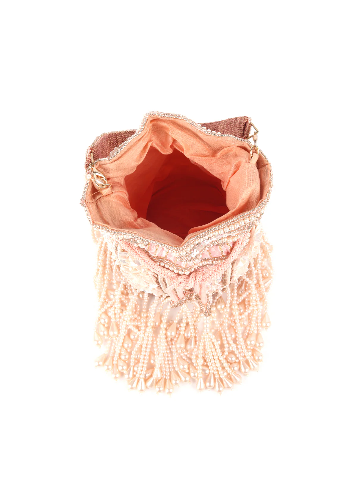 Odette Peach Pearl Embroidered Potli Bag For Women - Image 6