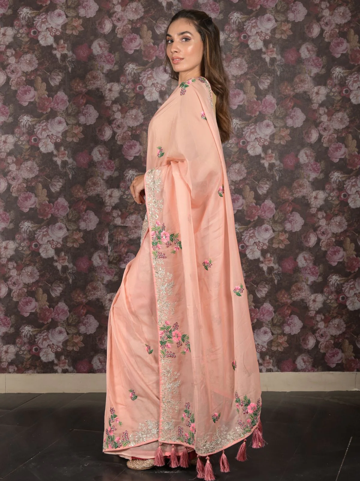 Odette Peach Pearls Embroidered Polyester Silk Saree with Unstitched Blouse for Women - Image 3