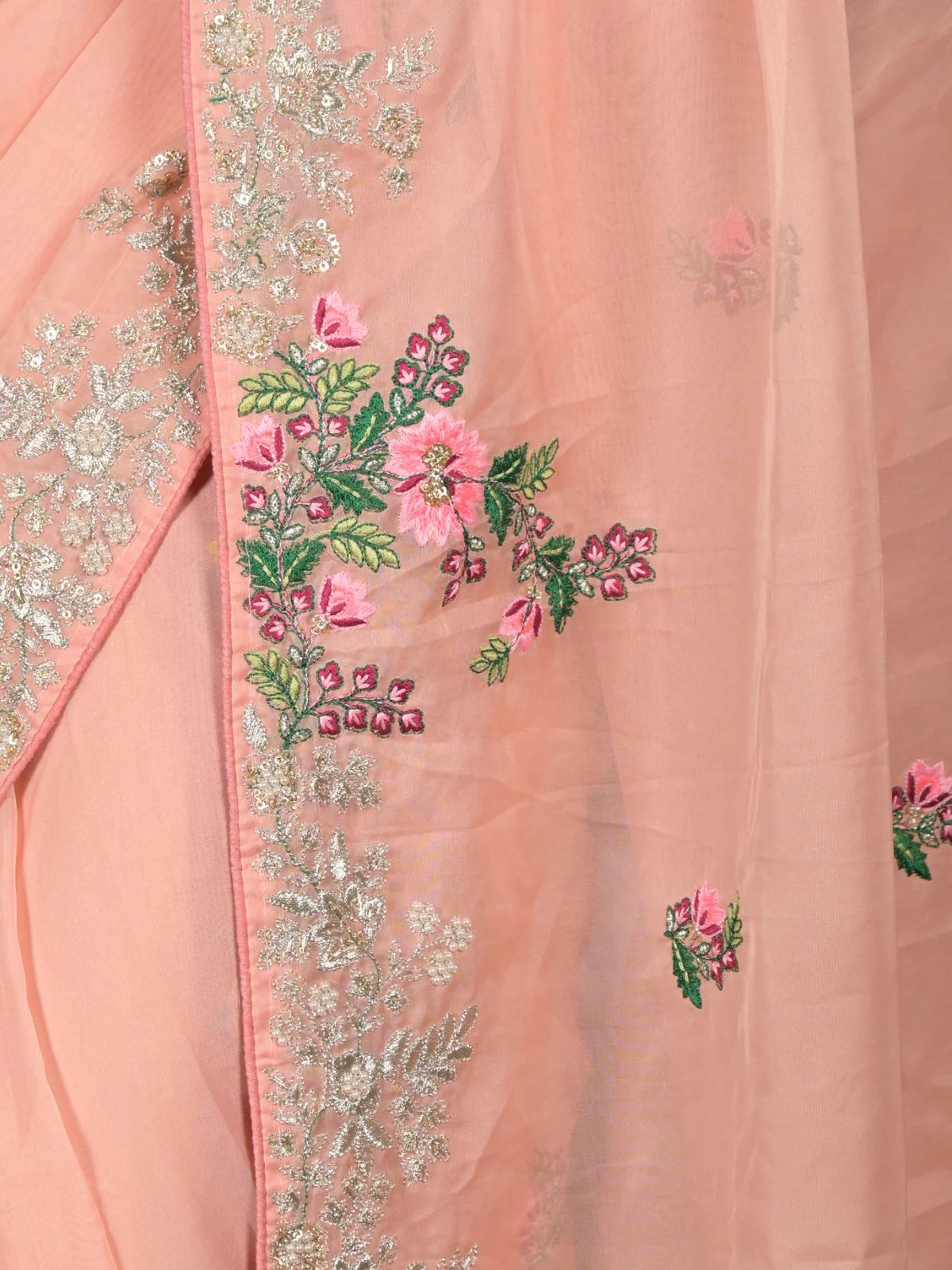 Odette Peach Pearls Embroidered Polyester Silk Saree with Unstitched Blouse for Women - Image 5