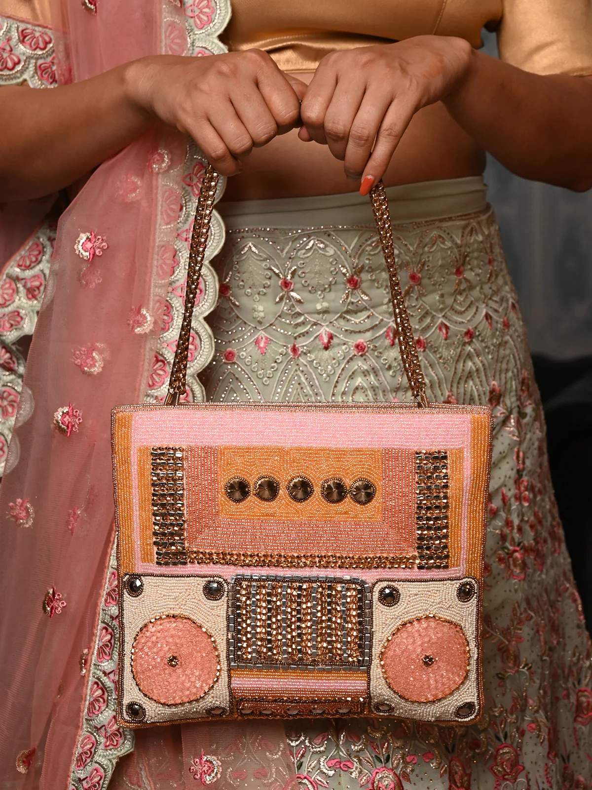 Odette Peach Pink Beads Embroidered Hand Bag for Women - Image 2