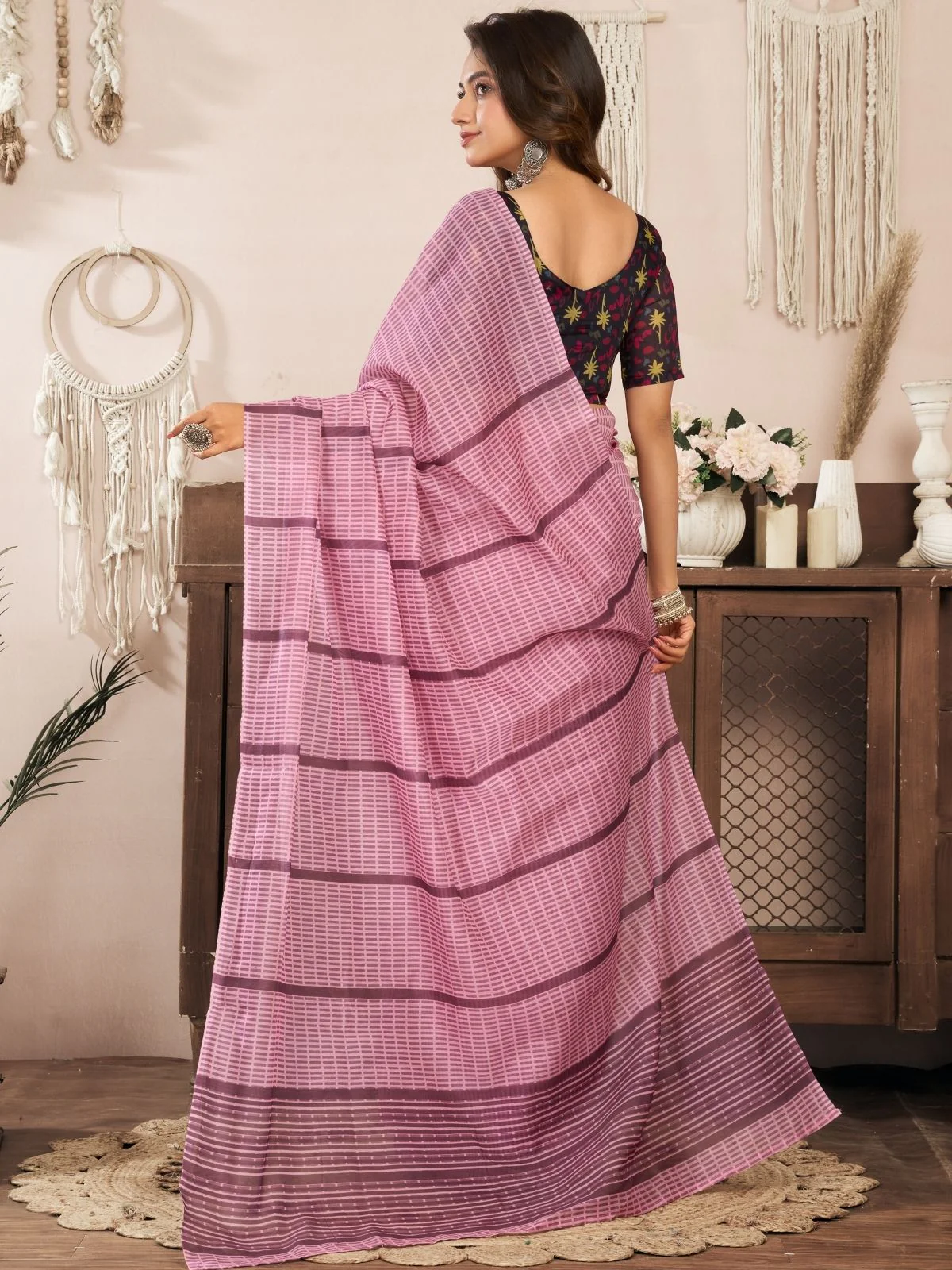 Odette Peach Pink Cotton Linen Zari Work Saree For Women - Image 4