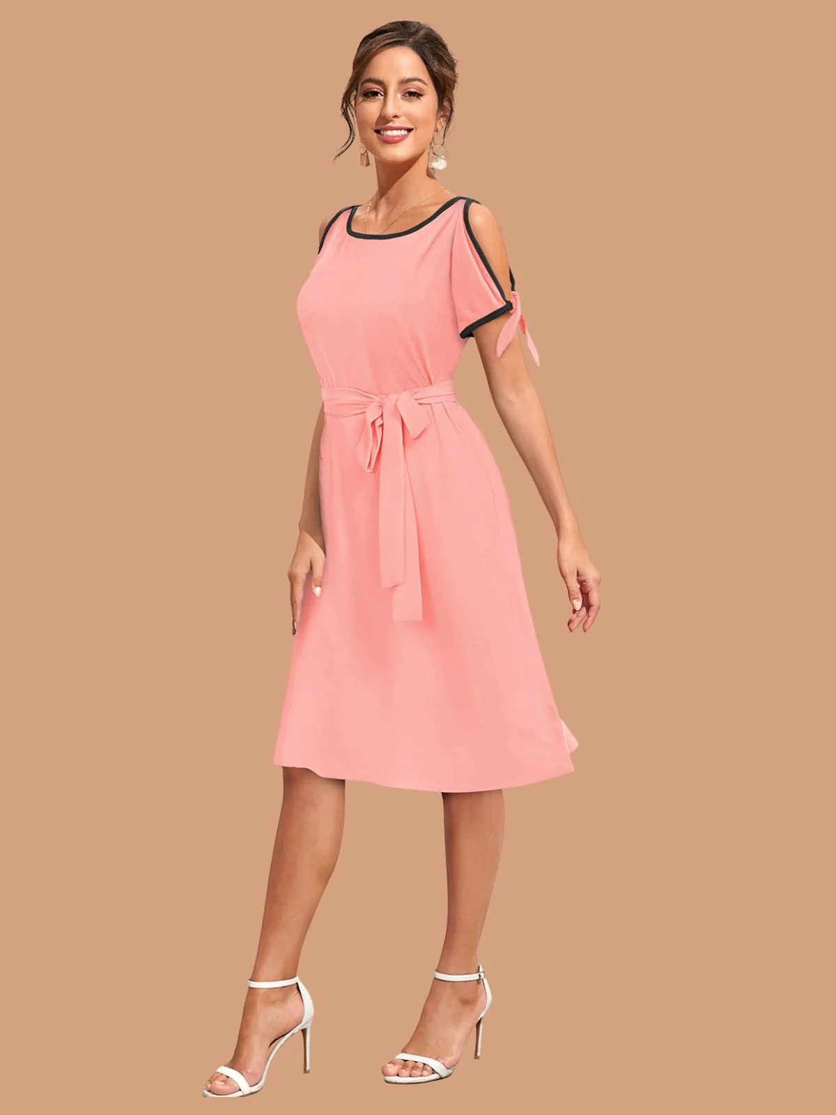 Odette Peach Polyester Blend Solid Dress For Women - Image 2