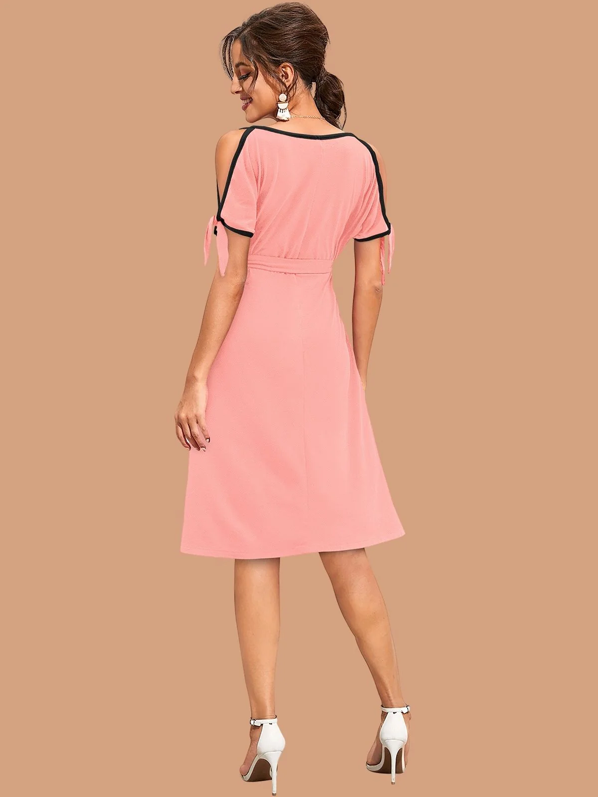 Odette Peach Polyester Blend Solid Dress For Women - Image 3
