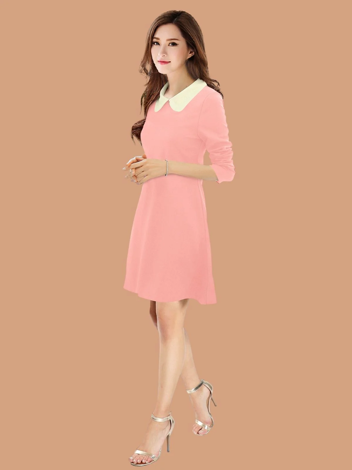 Odette Peach Polyester Blend Solid Dress For Women - Image 2
