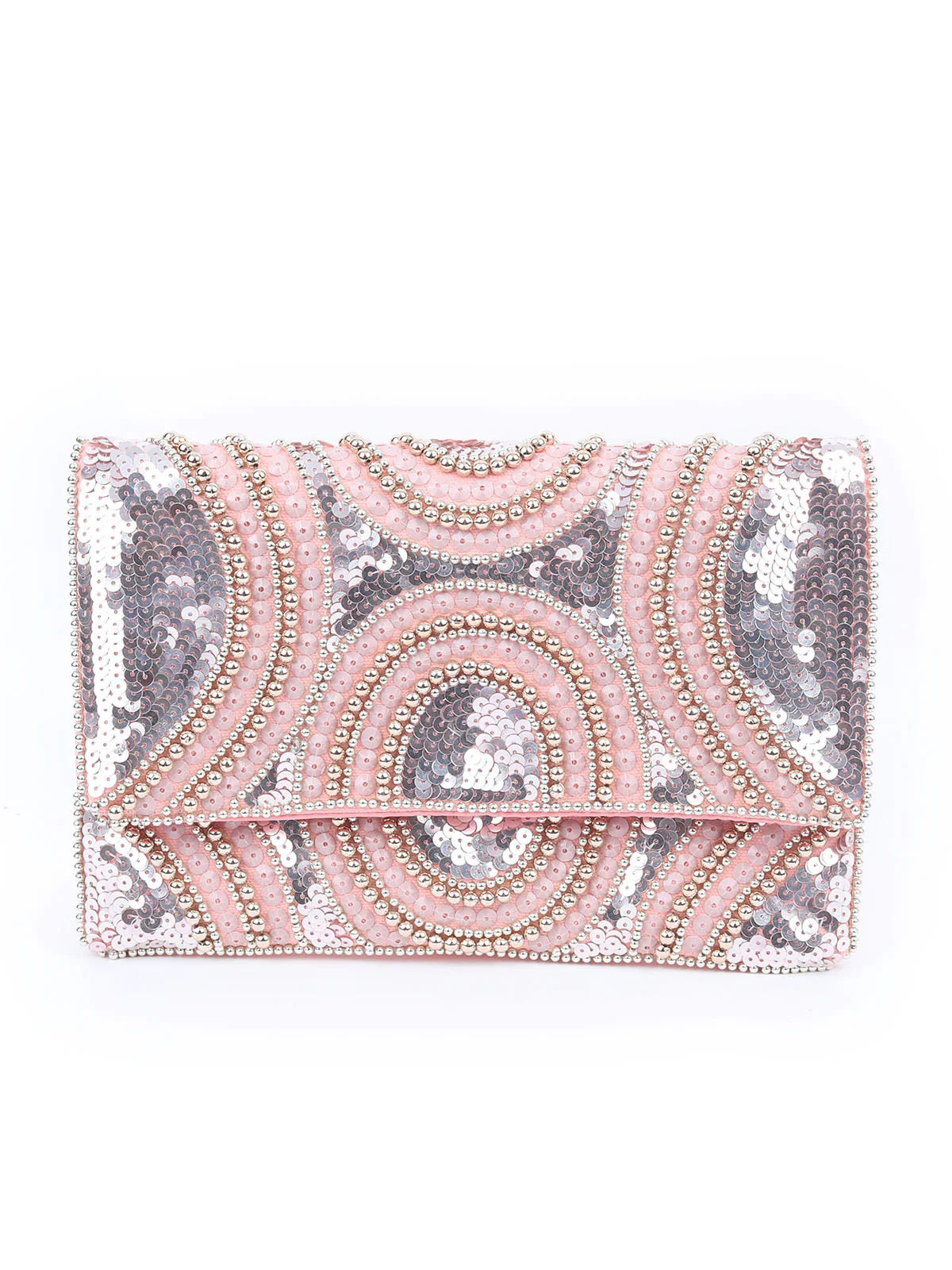 Odette Peach Polyester Embroidered Clutch For Women