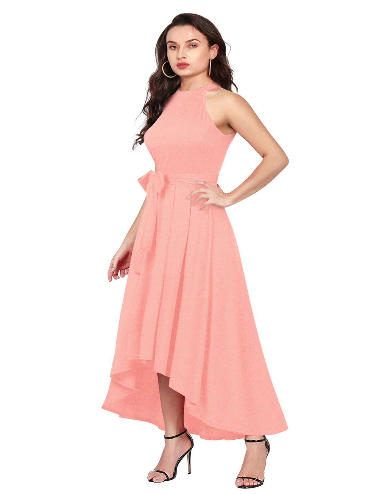 Odette Peach Polyester High Low Dress For Women - Image 3
