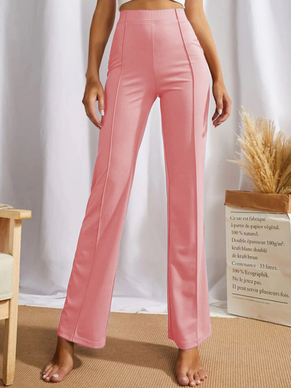 Odette Peach Polyester Solid Stylish Trousers For Women