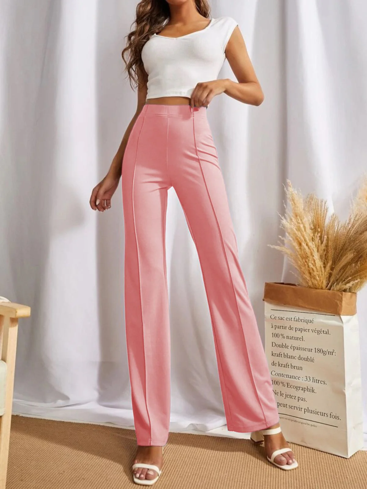 Odette Peach Polyester Solid Stylish Trousers For Women - Image 2