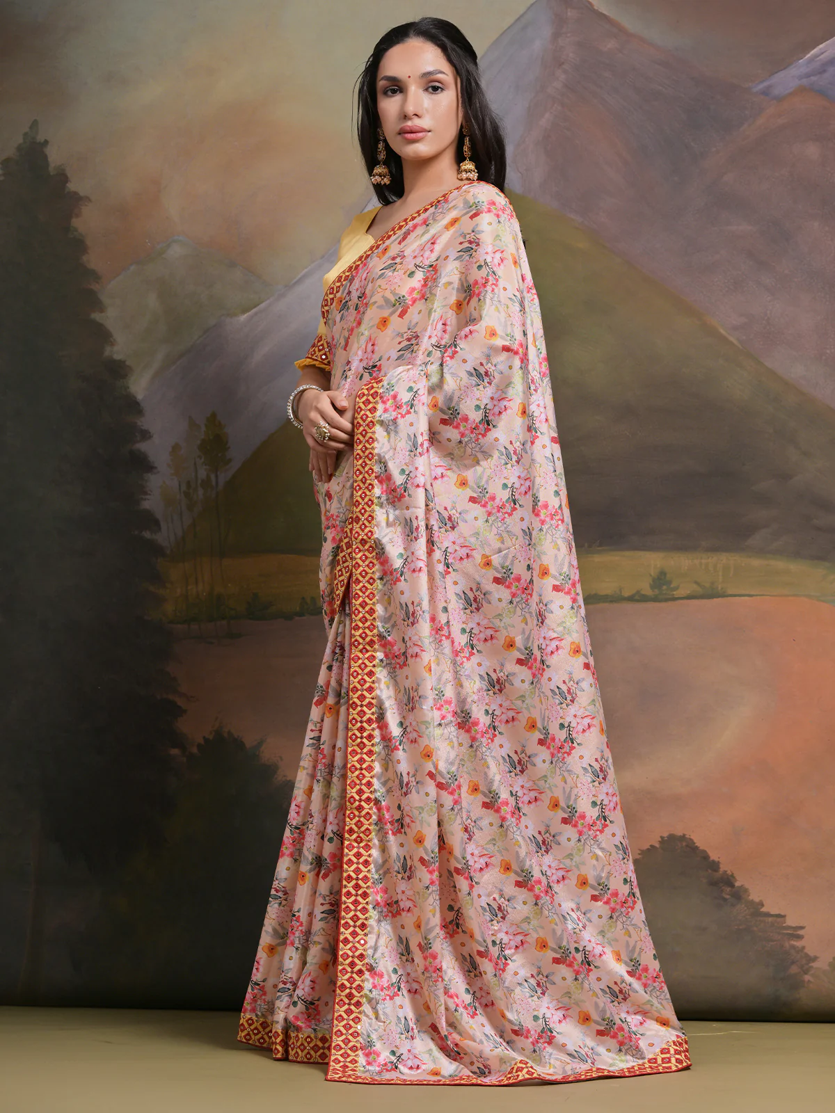 Odette Pink Printed Chiffon Saree With Unstitched Blouse For Women - Image 2