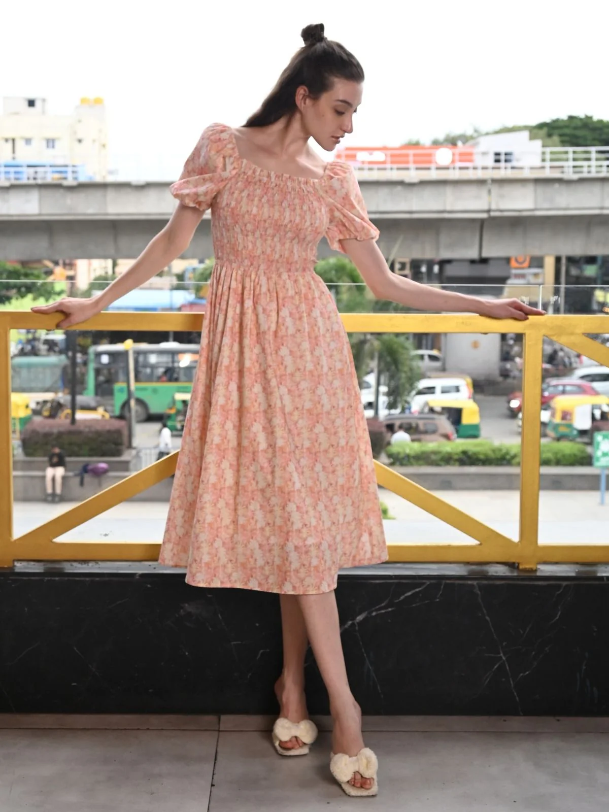 Odette Peach Printed Cotton Dress For Women - Image 2