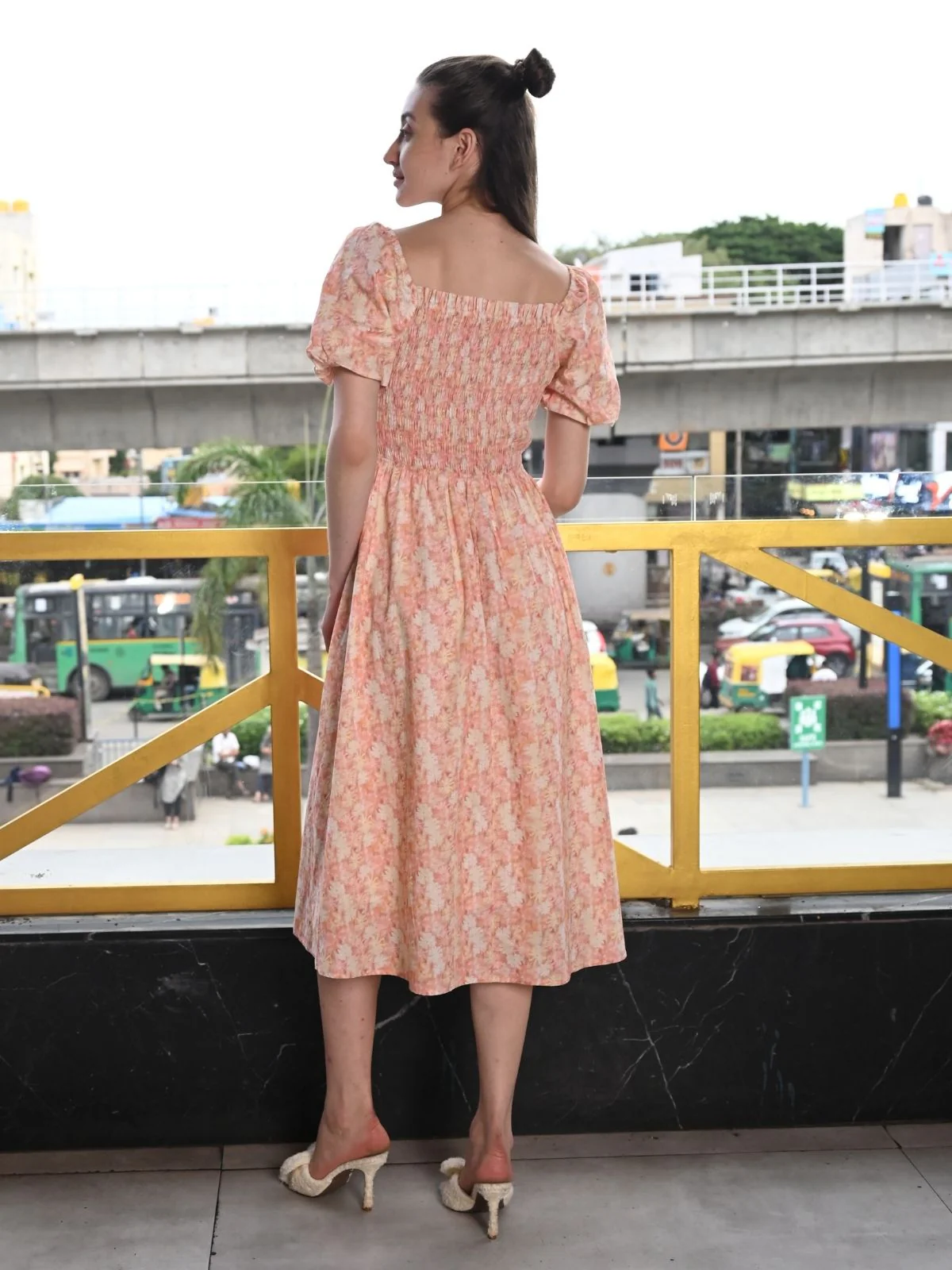 Odette Peach Printed Cotton Dress For Women - Image 3