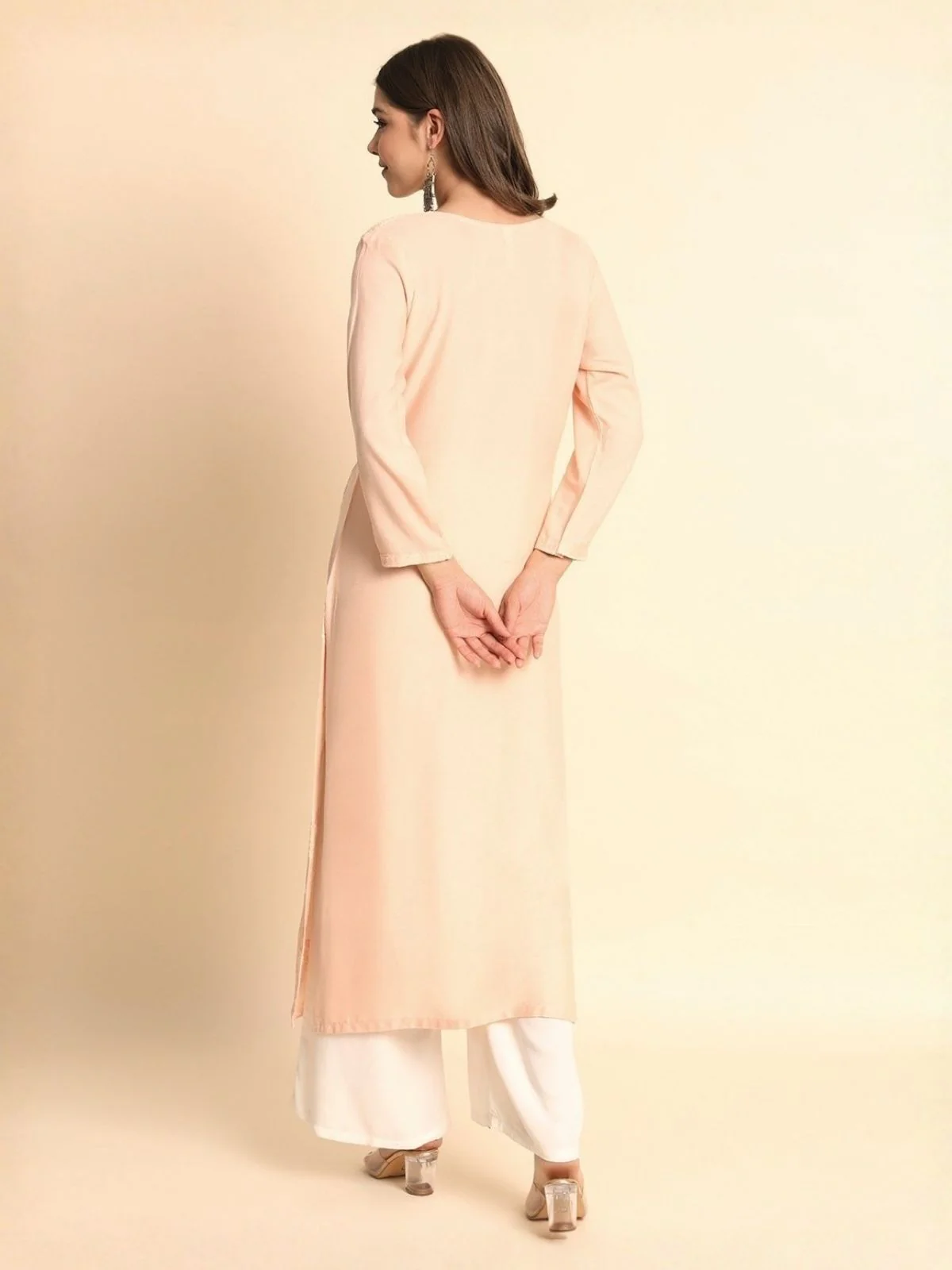 Odette Peach Rayon Embroidered Kurti For Women - Image 3