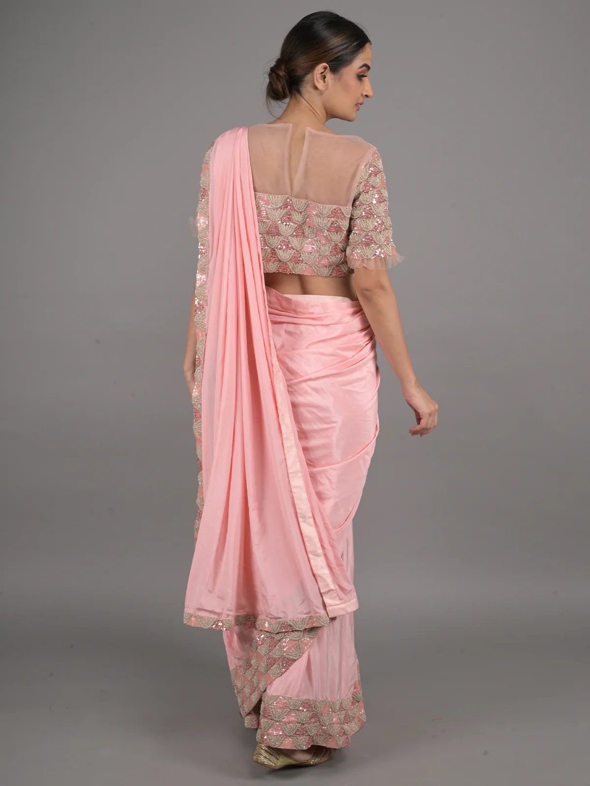 Odette Peach Ready to Wear Embroidered Chinnon Saree with Stitched Blouse for Women - Image 3