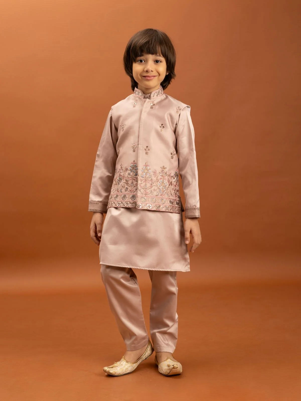 Odette Peach Satin Embellished Stitched Kurta Set For Kids - Image 3