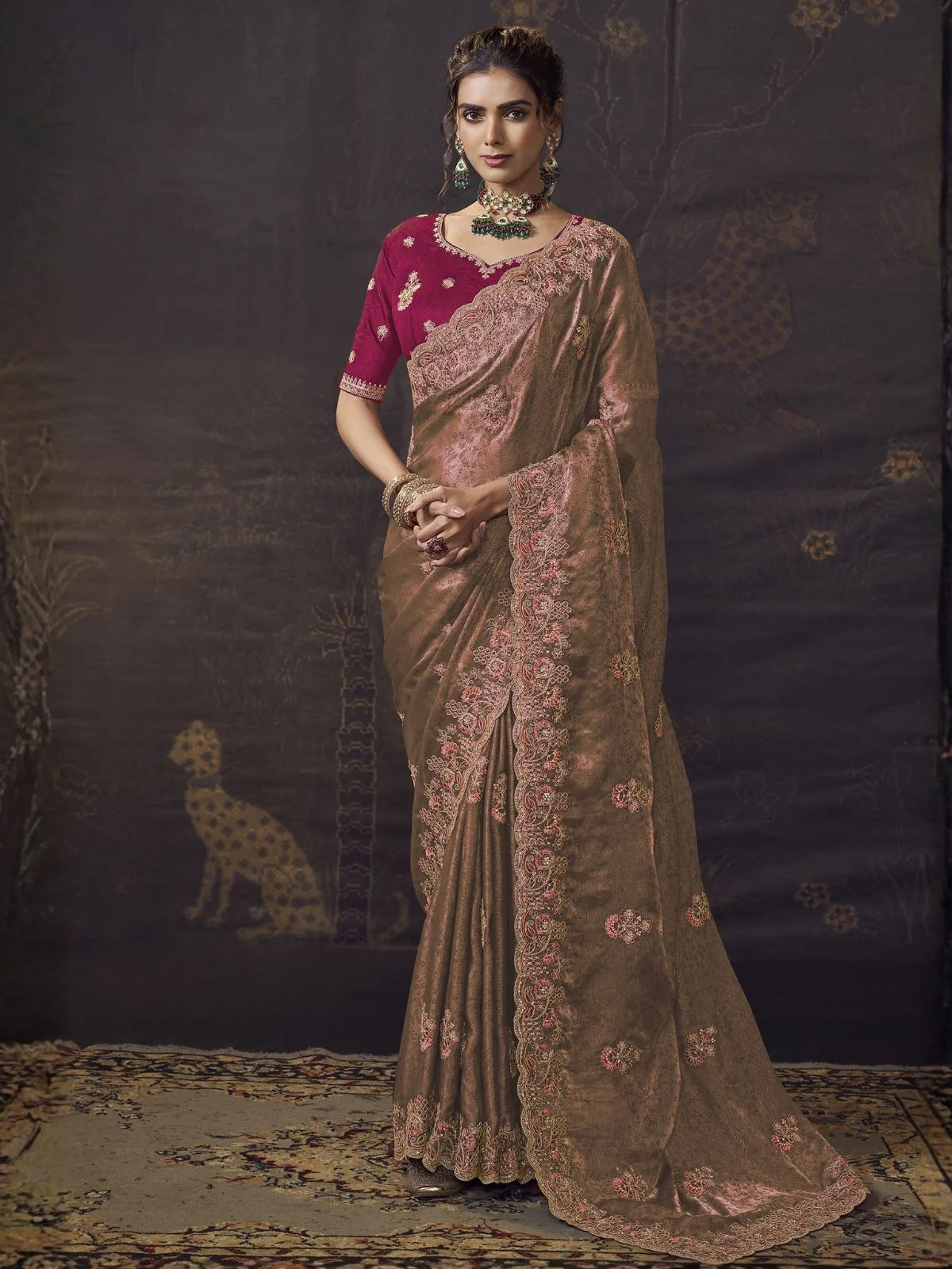 Odette Peach Satin Embroidered Saree For Women